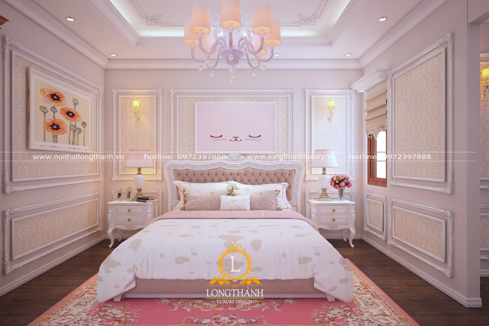 Phòng ngủ tân cổ điển với màu hồng làm chủ đạo