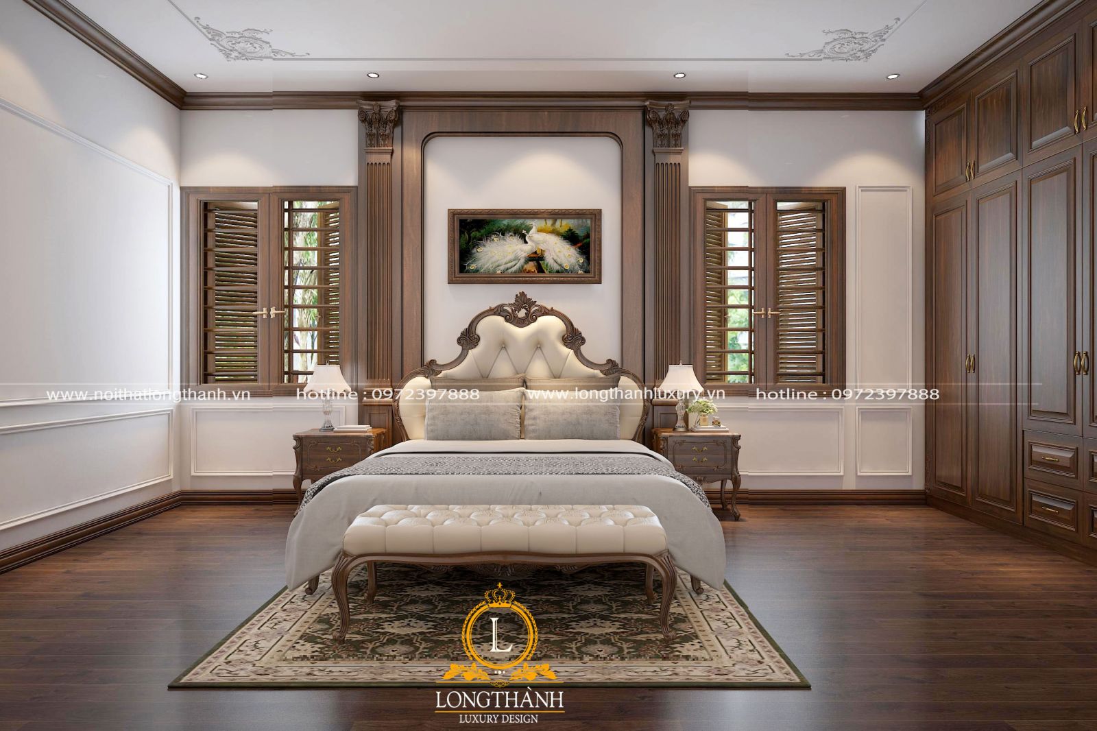 Phòng ngủ tân cổ điển được thiết kế sang trọng với hệ cửa sổ thông thoáng