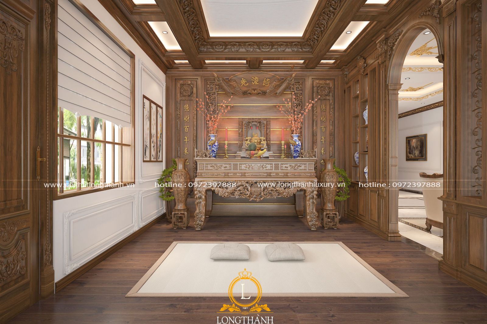 Thiết kế nội thất phòng thờ bằng gỗ tự nhiên trang trọng