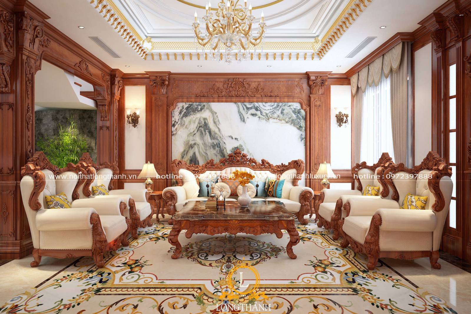 Sofa gỗ tự nhiên cho phòng khách rộng phong cách tân cổ điển
