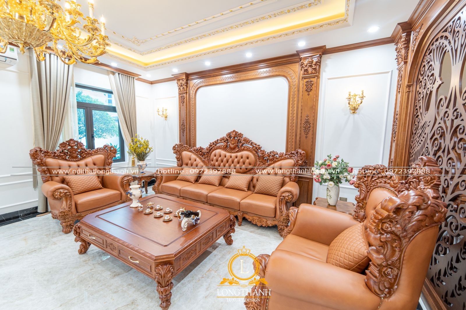 Thi công sofa tân cổ điển bọc da bò Ý