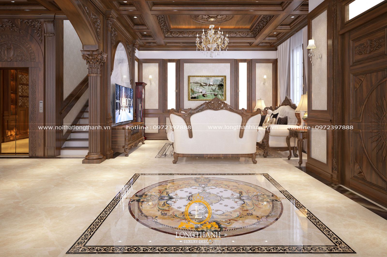 Phòng khách biệt thự đẹp được sử dụng ốp gỗ tự nhiên 
