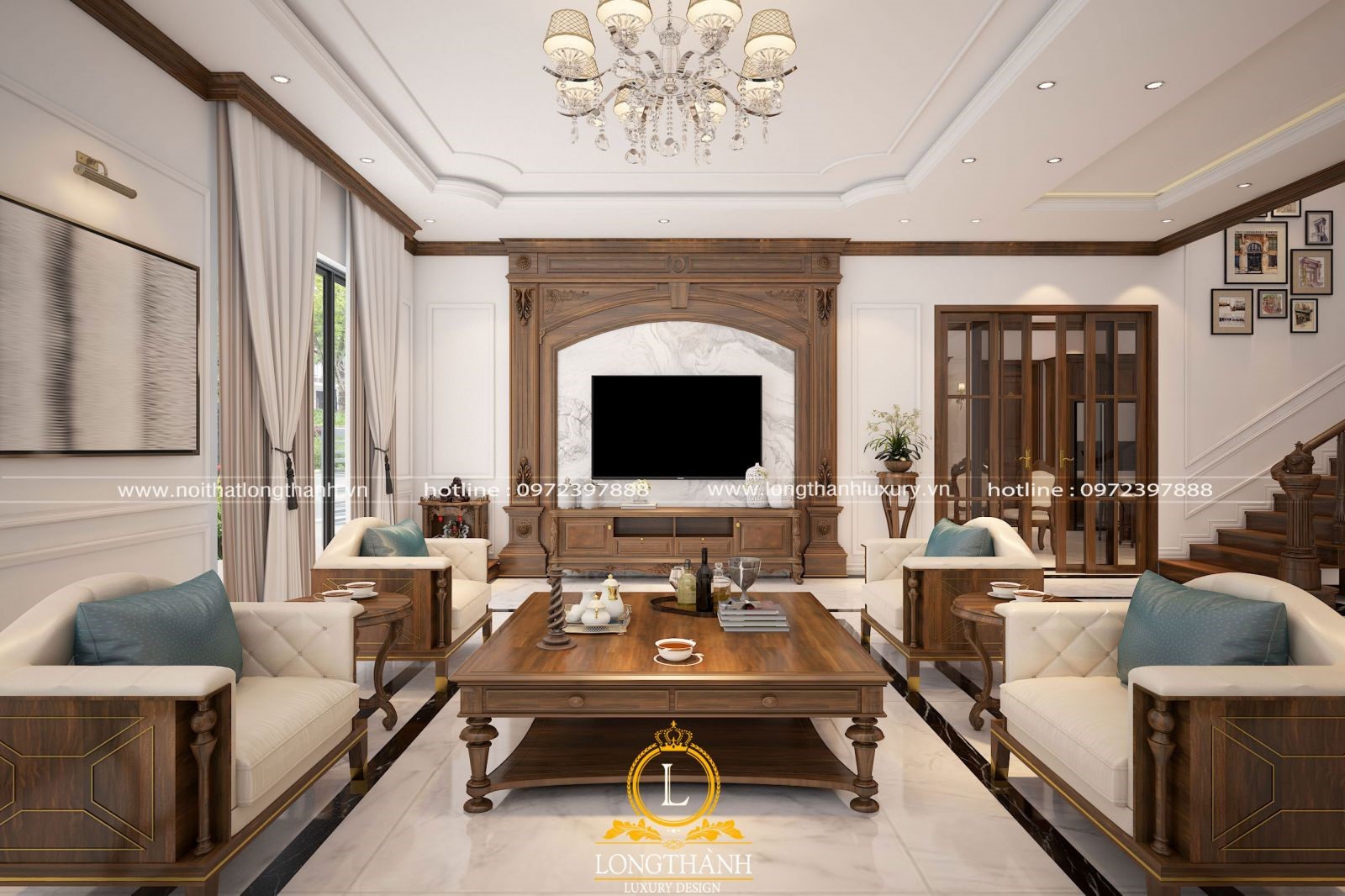 Thiết kế tân cổ điển Á Đông cho nội thất phòng khách biệt thự
