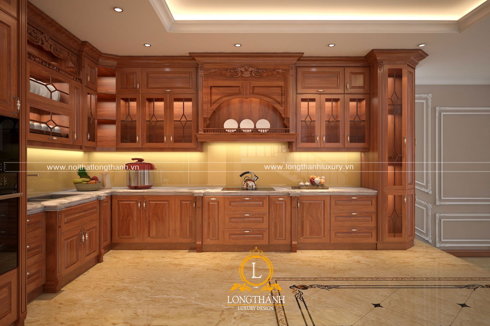 Mẫu tủ bếp gỗ gõ đỏ đẹp được thiết kế theo phong cách tân cổ điển